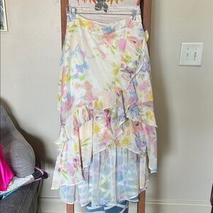 vestique Pastel Floral Tiered Ruffle High-Low Skirt